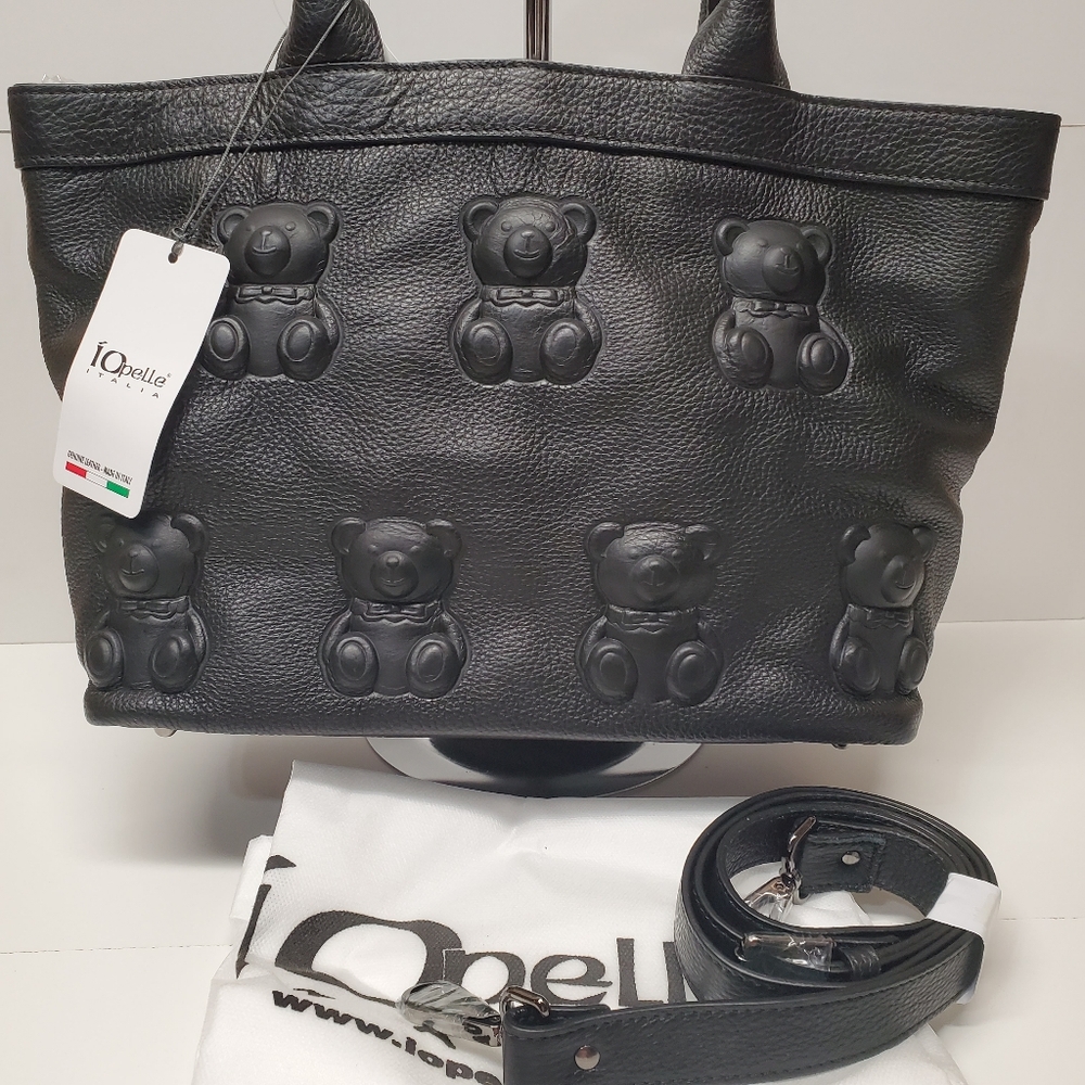 IO PELLE Italy 3D Teddy Bear Embossed Genuine Leather Medium Shoulder tote